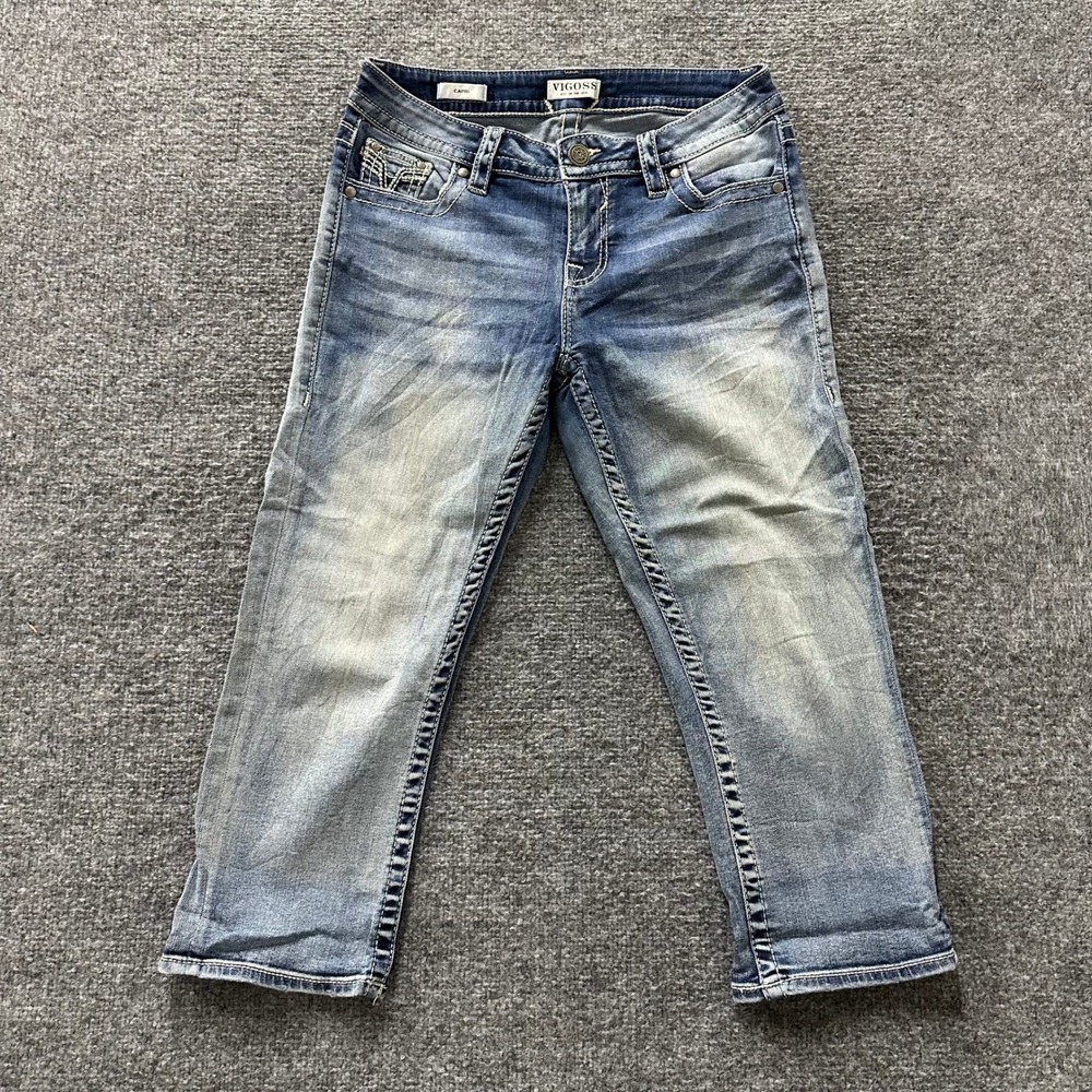 Vigoss Capri Jeans Womens Size 6 Blue Medium Wash Embroidered Thick Stitch Denim